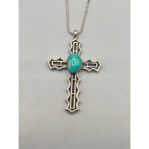 Vintage Sterling Silver & Turquoise Cross Necklace Handcrafted Native Jewelry - Picture 4 of 11